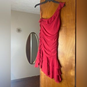 Red 100% silk off shoulder ruffle dress. Sz 4